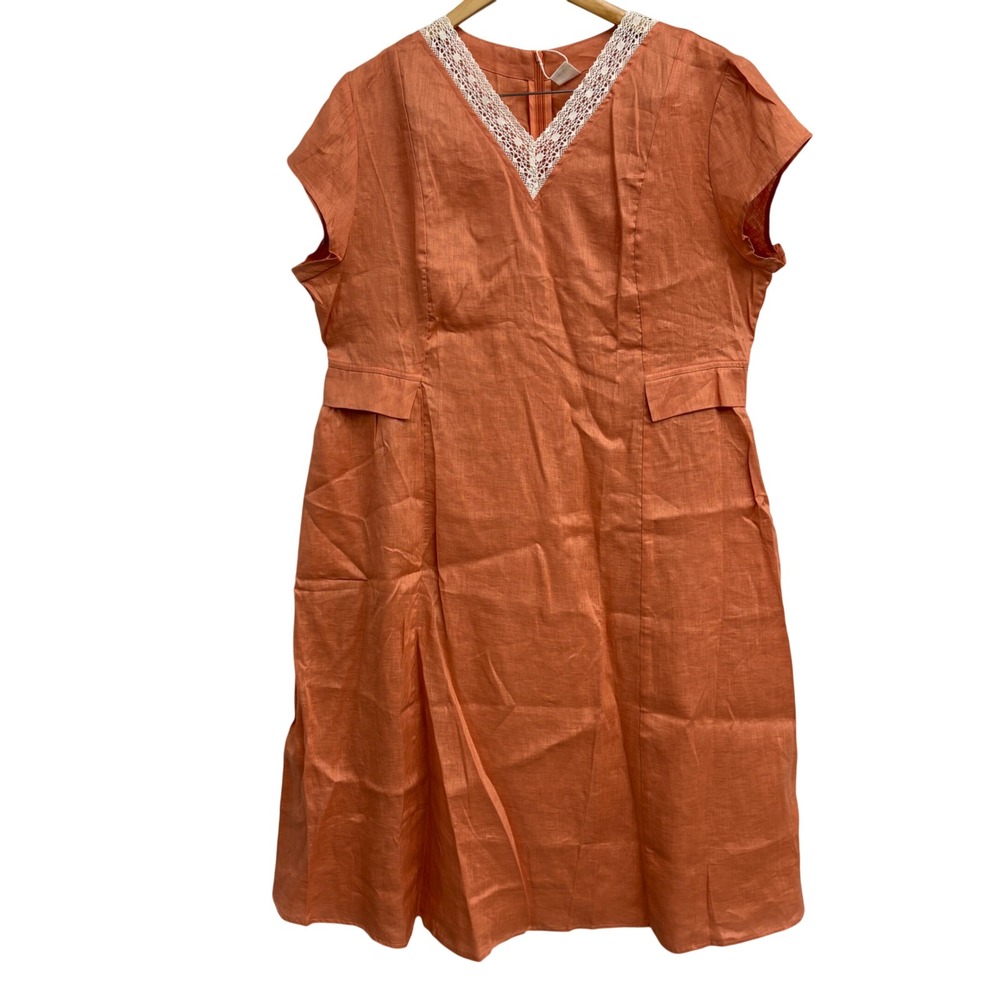 Lintico Orange 100% Linen V-Neck Lace Trim A-Line Dress XXL New With Tags orange